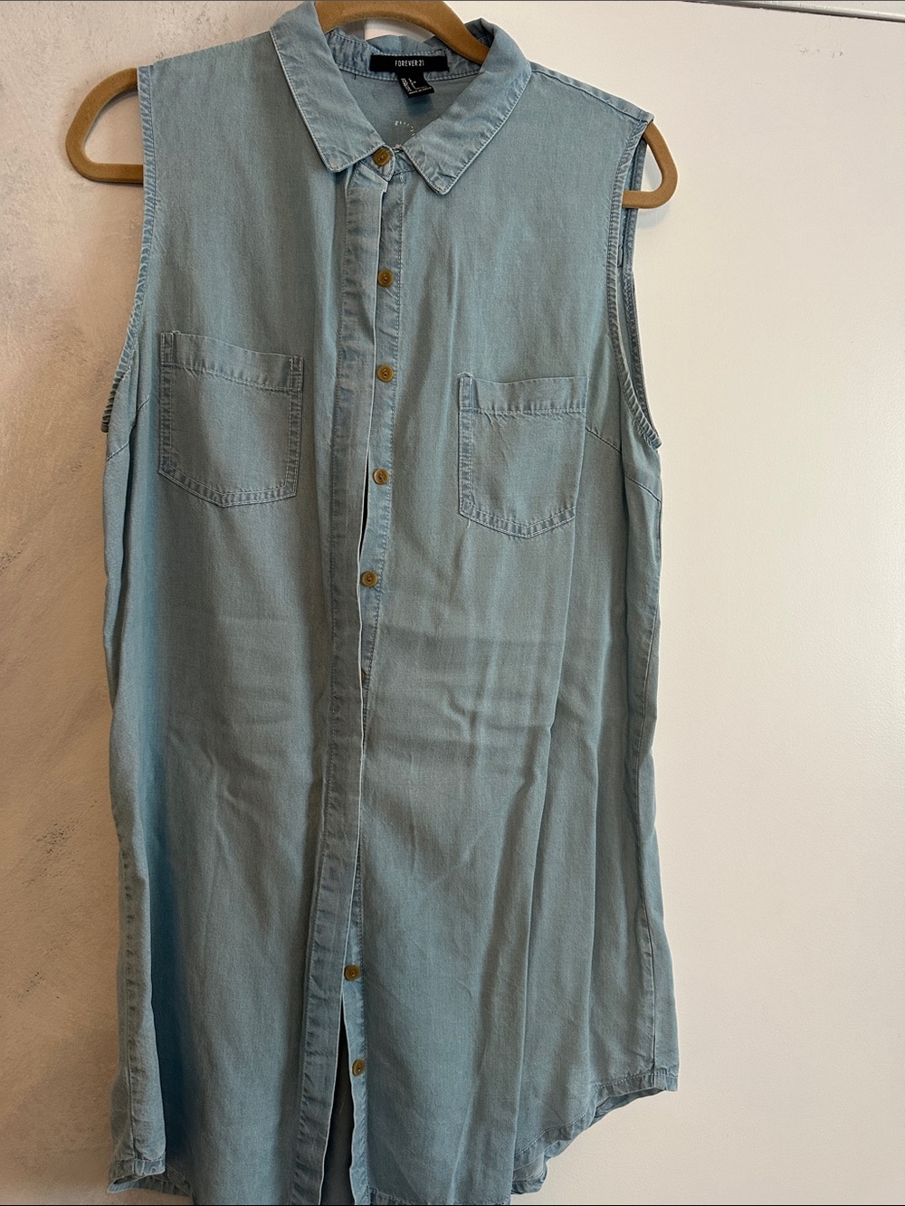 Mother of the Bride (back) Light Blue Sleeveless Denim Button-Front Shirt Dress